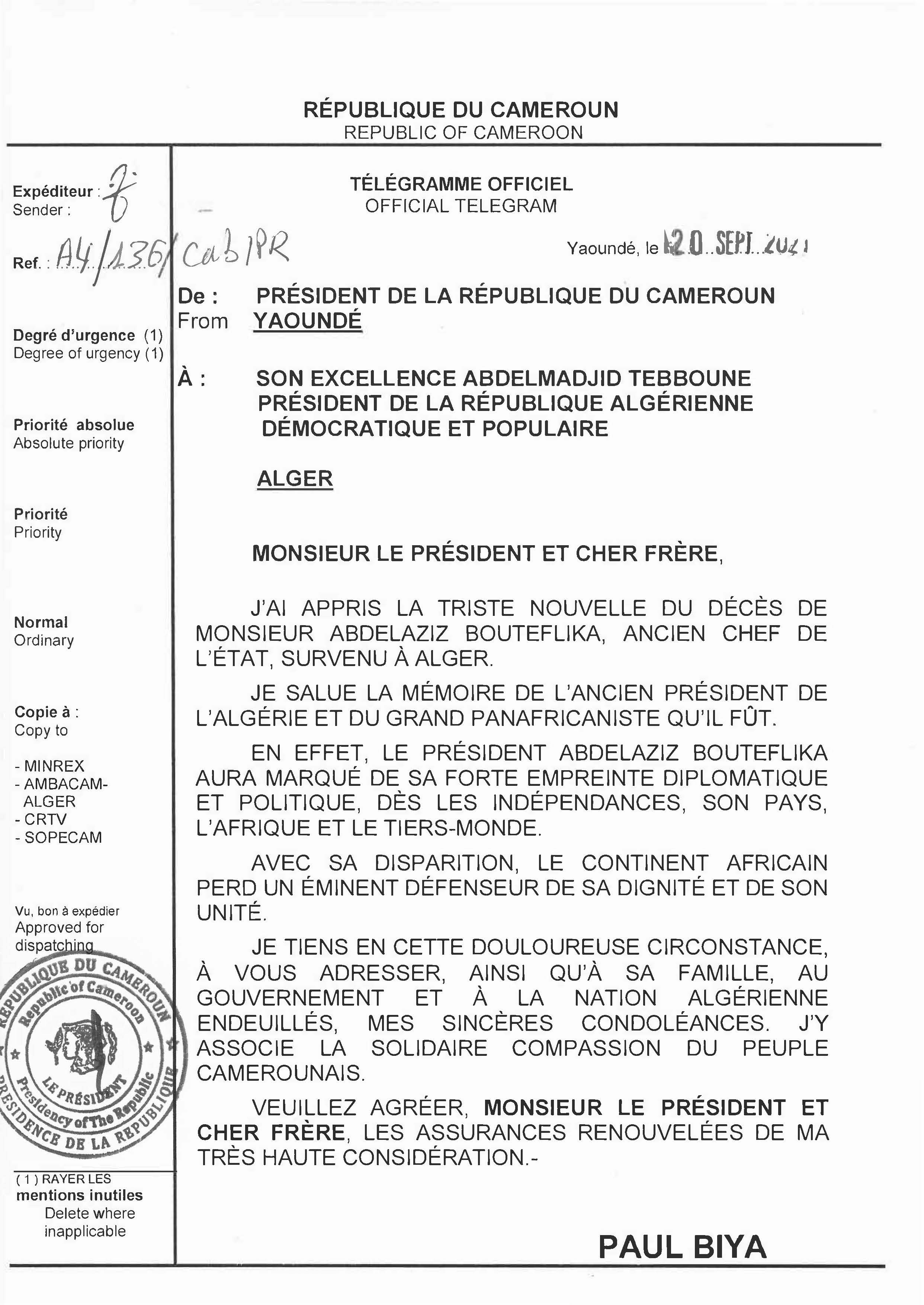 Message De Condol Ances Du Chef De Letat S E Abdelmadjid Tebboune